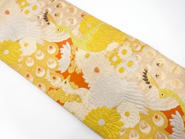 JAPANESE KIMONO / ANTIQUE FUKURO OBI / SILK / WOVEN PEACOCK